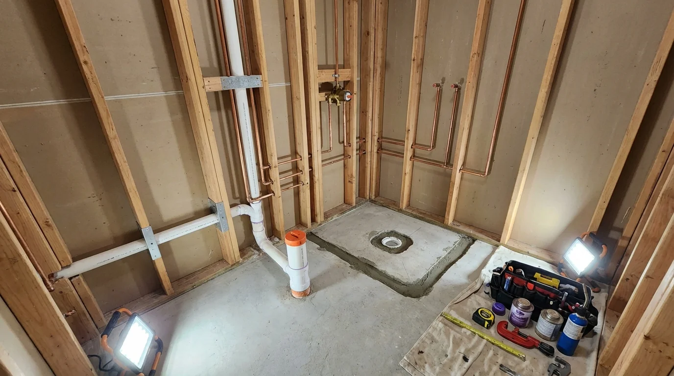 Bathroom rough-in plumbing during remodel by Johns Plumbing LLC in Fountain Green