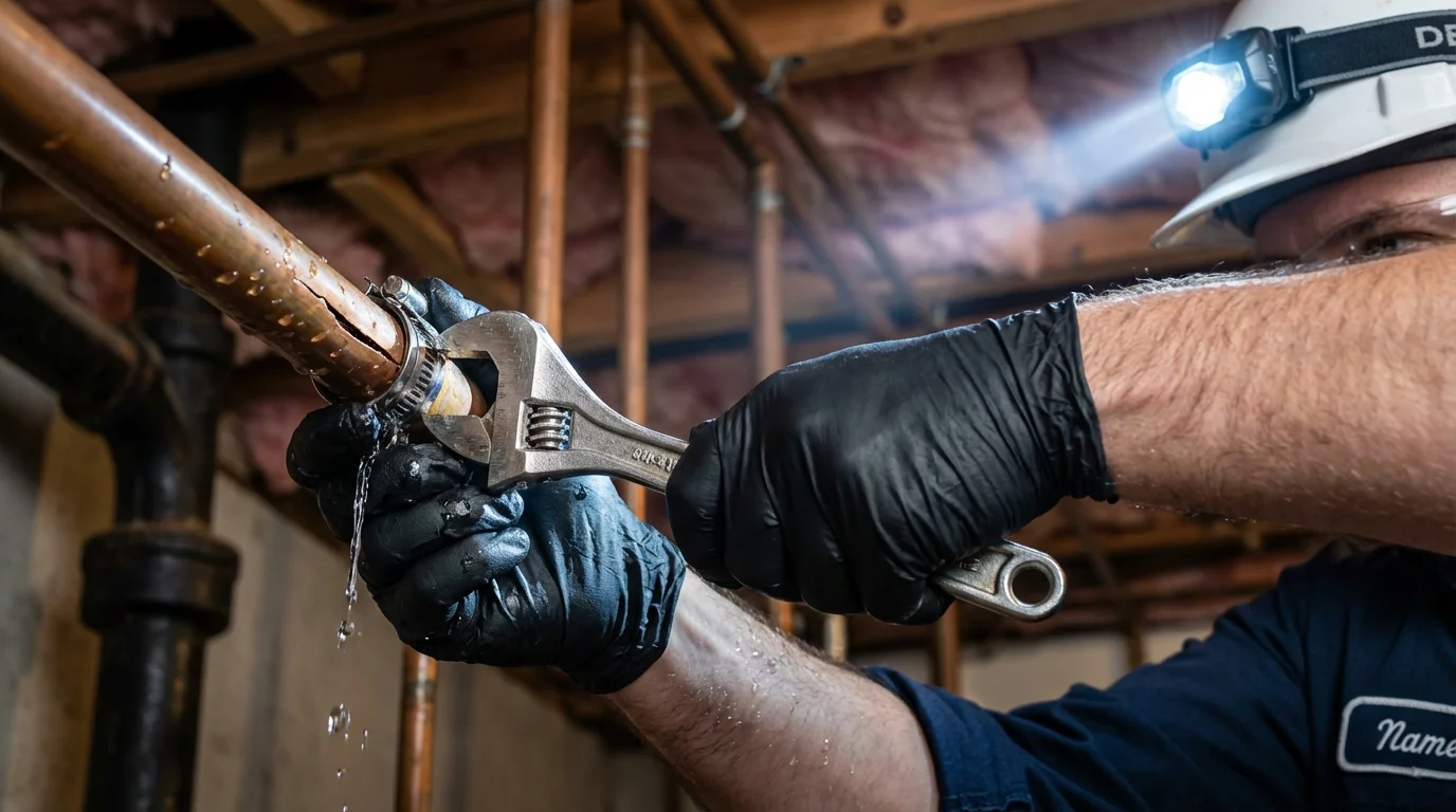 Emergency pipe clamp repair being performed by a Johns Plumbing LLC plumber in Fountain Green