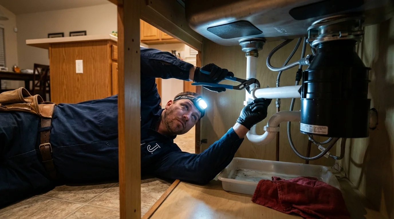 P-trap and supply line connections under a kitchen sink showing a common leak point in Fountain Green, UT